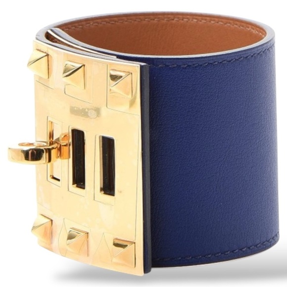 HERMES Kelly Extreme Dog Calfskin Blue R Stamp Gold Plated Wide Cuff Bracelet - Picture 12 of 15